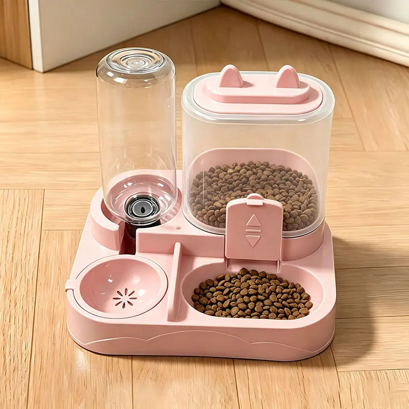 2-in-1 Automatic Pet Feeder and Water Dispenser, Gravity-Fed Food and Water Bowl Set, 2-in-1 Feeding Station with Dual Bowls, Suitable for Cats and Small Dogs, Ideal for Home Use, Long Trips, and Daily Care