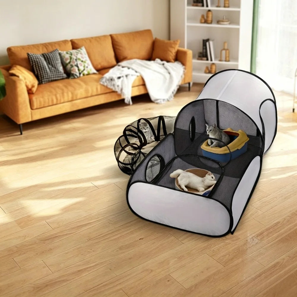 Foldable Cat Tent with Tunnel, Breathable Polyester Cat Cage Indoor Outdoor Playpen for Cats & Small Dogs