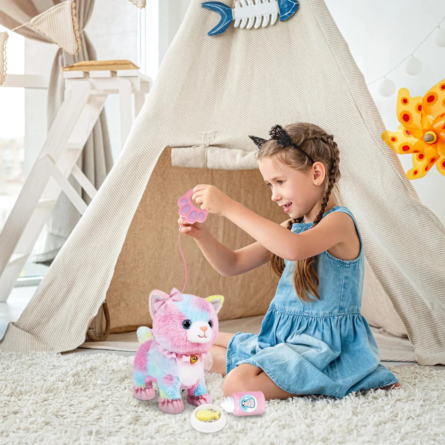 Interactive Walking Toy Cat for Kids - Touch & Voice Controlled with Remote Leash And Waggling Tail Perfect Birthday Or Gift