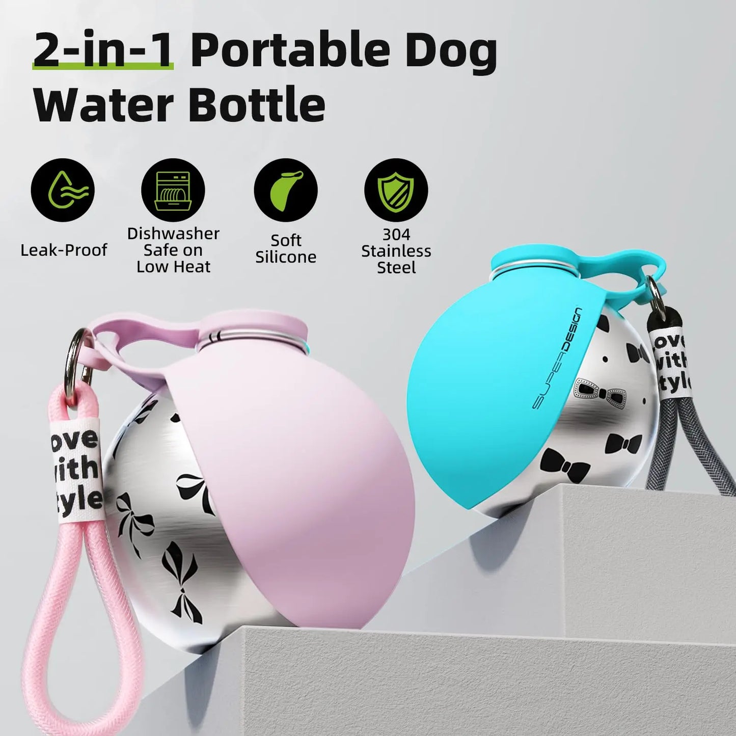 Gourde 2 en 1 portable pour petits chiens — acier inoxydable, sans fuite et compacte