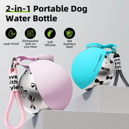 2-in-1 Portable Dog Water Bottle for Small Dogs - Leak-Proof & Compact Dog Travel Water Bottle -Stainless Steel Bottle & Silicone