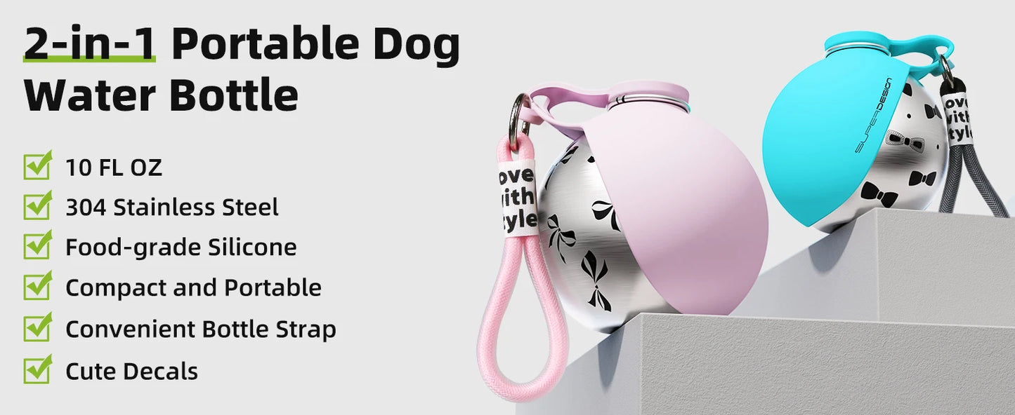Gourde 2 en 1 portable pour petits chiens — acier inoxydable, sans fuite et compacte