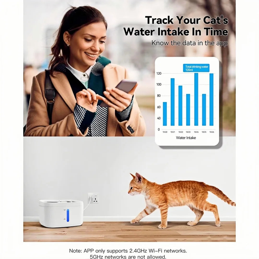 App-controlled smart pet water fountain – 2.5L, stainless steel tray, weight sensor