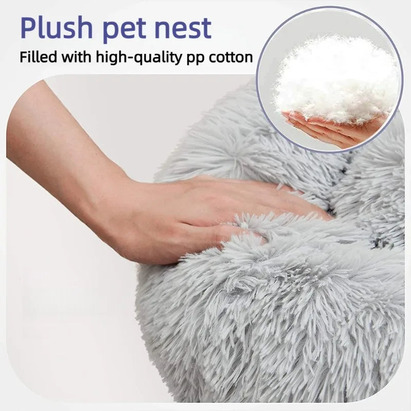 Lit donut rond en fausse fourrure lavable pour petits et moyens chiens et chats — sommeil apaisant