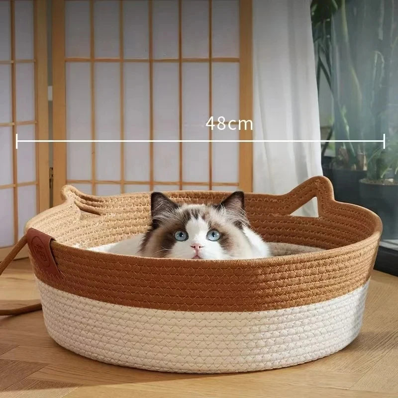 Lit rond en rotin tressé pour chat — rafraîchissant et résistant pour l'été