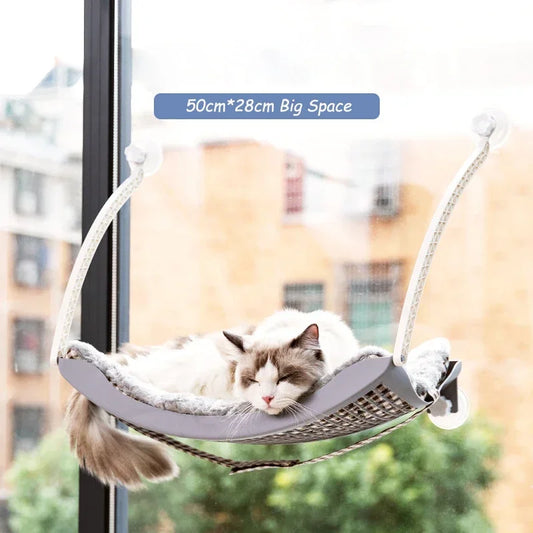 Hamac lit pour chat avec coussin polaire arctique amovible — ventouses balcon et fenêtre bain de soleil