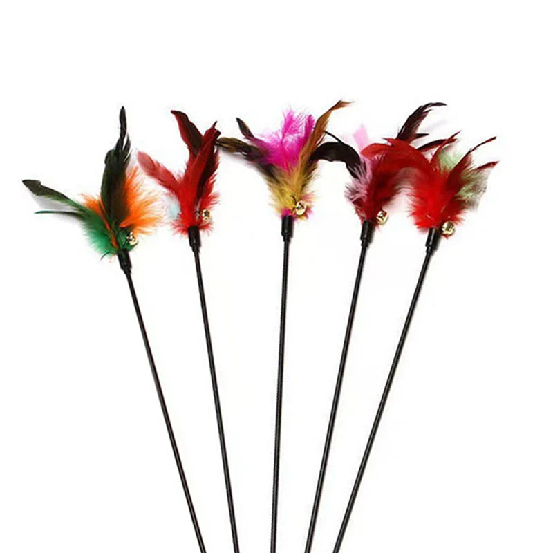 5PCS Cat Wand Toy Feather Stick Cat Toys, Interactive Cat Toy Feathers Wand for Indoor Cats