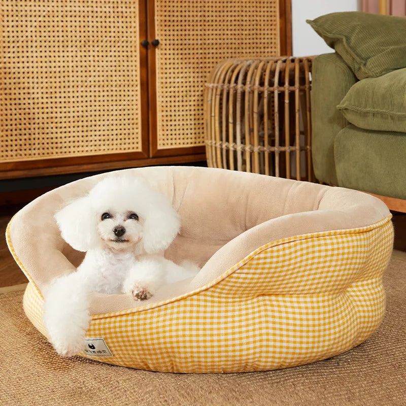 Lit canapé rond en peluche apaisant pour petits et moyens chiens et chats — hiver