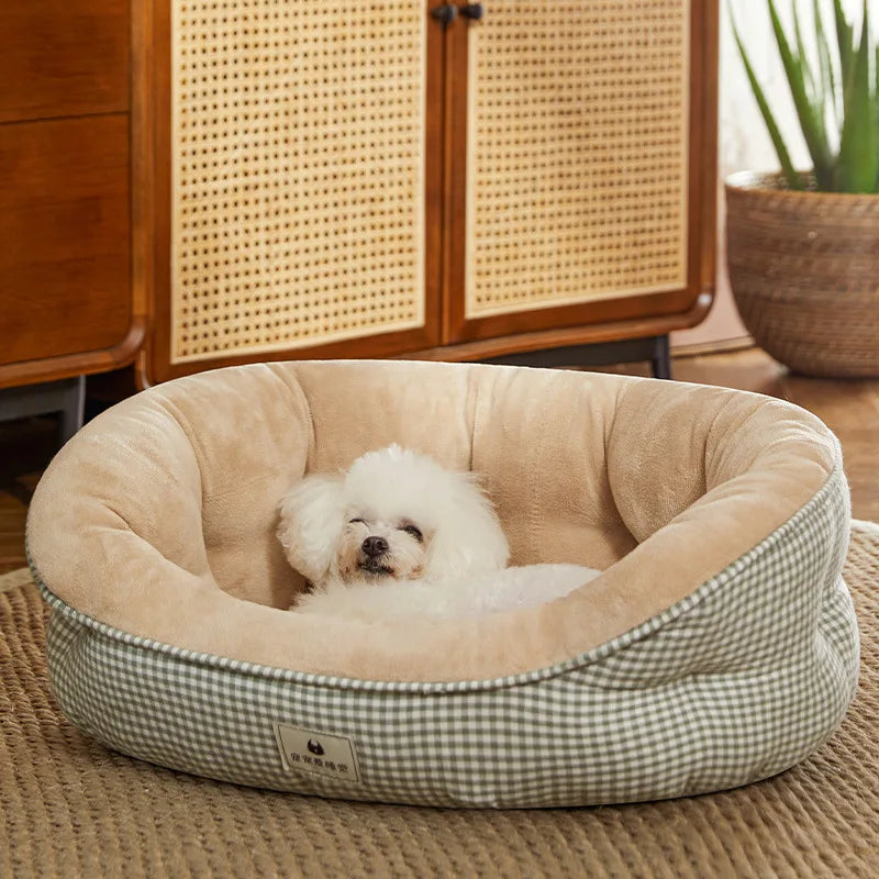 Lit canapé rond en peluche apaisant pour petits et moyens chiens et chats — hiver