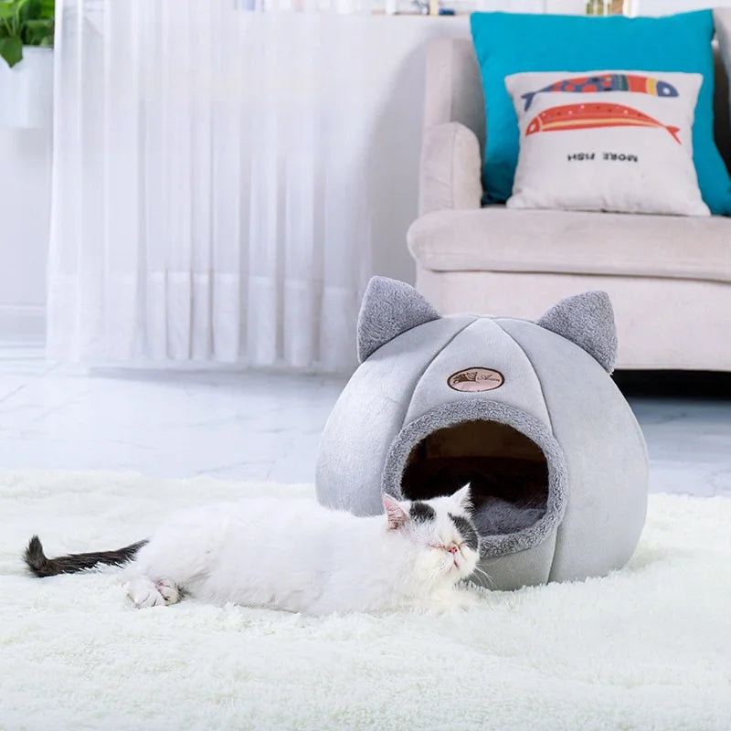 Lit grotte tête de chat avec coussin amovible — tente cosy et chaude pour chat