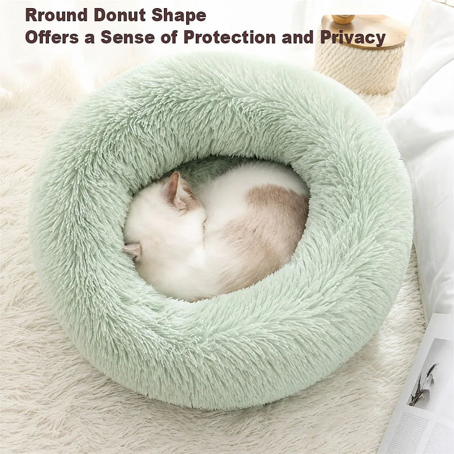 Soft Pet Cat Bed Pad Plush Warm Faux Fur Dog Calm Bed Donut Round Bed Comfortable Sleeping Washable for Small Medium Dog and Cat