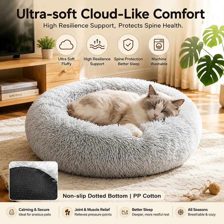 Soft Pet Cat Bed Pad Plush Warm Faux Fur Dog Calm Bed Donut Round Bed Comfortable Sleeping Washable for Small Medium Dog and Cat