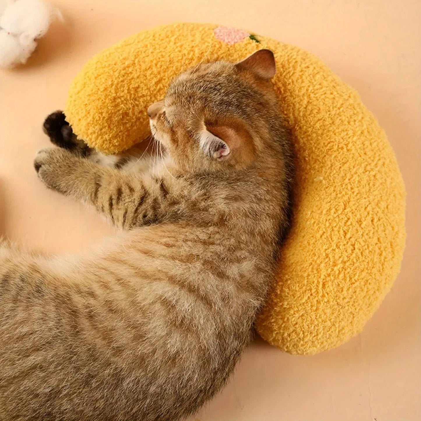 U-Shaped Pet Pillow Soft Plush Neck Support Cushion with Cute Embroidery for Cats Dogs Small Pets Sleeping Rest