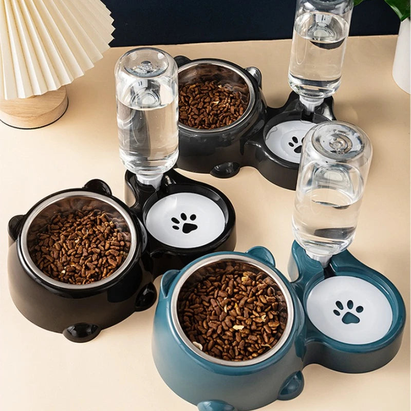 Distributeur automatique nourriture et eau intégré sans pile — embouchure inclinée pour chats et chiens