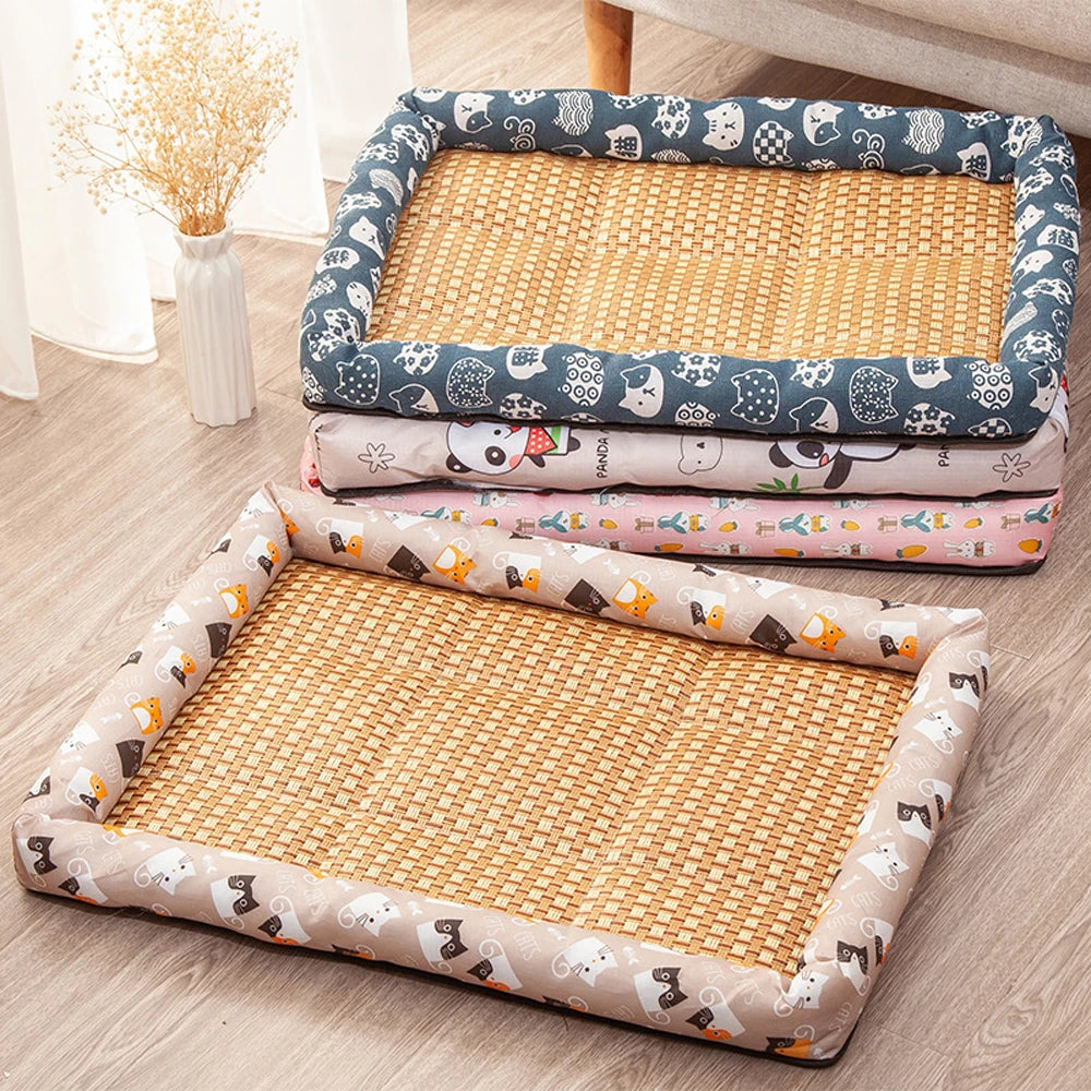 Tapis en rotin rafraîchissant pour chat et petit chien — coussin été antidérapant