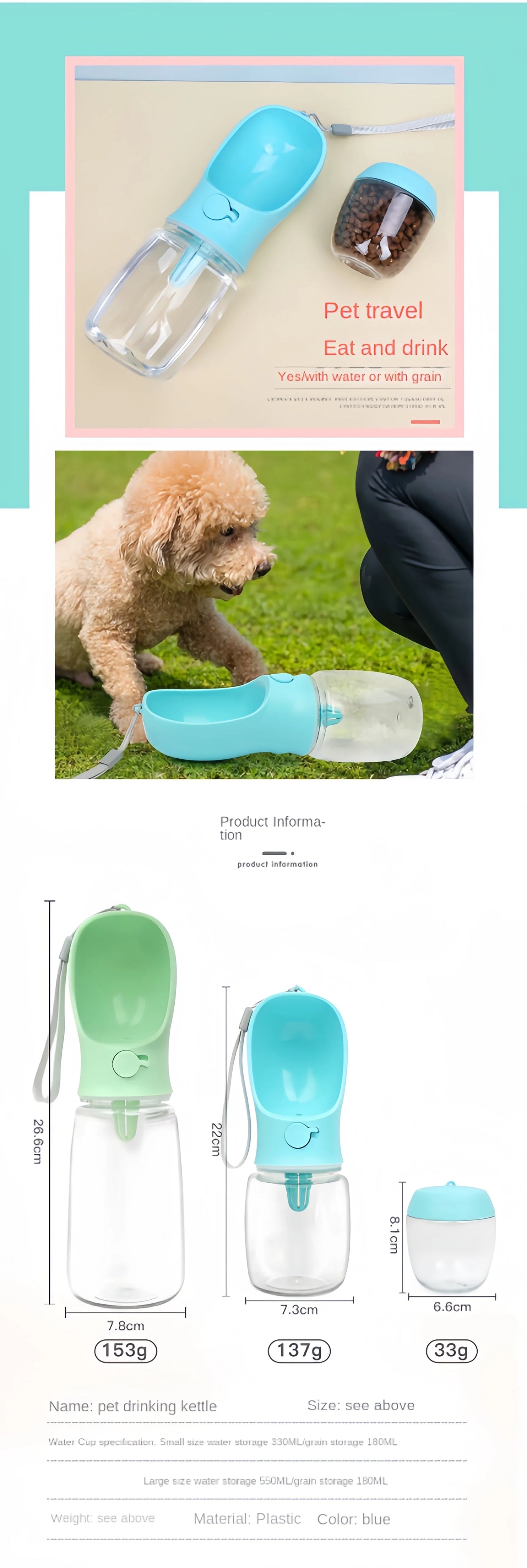 Portable Dog Cat Water Bottle with Storage Food and Water Container for Puppy Pets Dogs Feeder Bowl Outdoor Travel Pet Supplies
