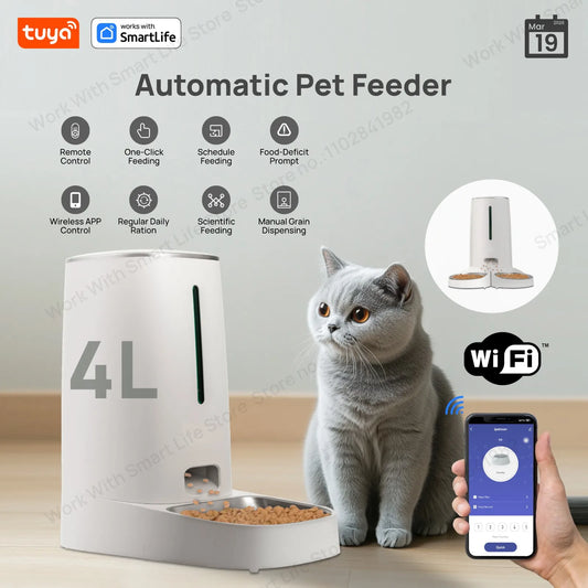 4L Automatic Pet Feeder for 1/2 Cats, WiFi Smart Automatic Pet Feeder for Cats & Dogs, Timed Pet Food Dispenser with App Control