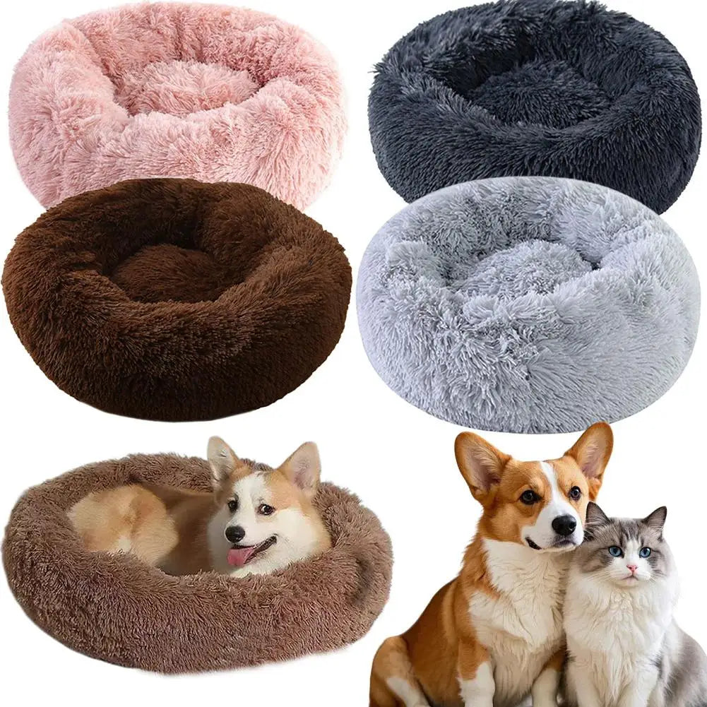Lit donut rond en peluche chaude pour petits et moyens chiens et chats — lavable