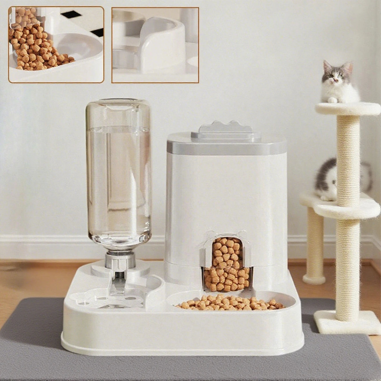 Distributeur d'eau automatique avec bassin nourriture intégré sans pile — design une pièce pour chats et chiens