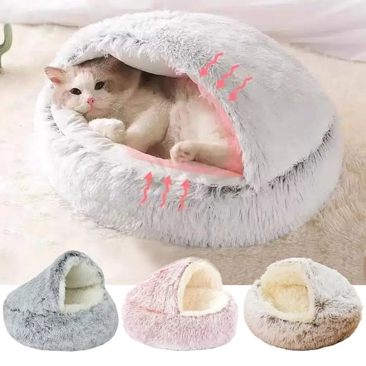Lit nid grotte 2 en 1 en peluche douce pour petits chiens et chats — matelas rond avec couverture