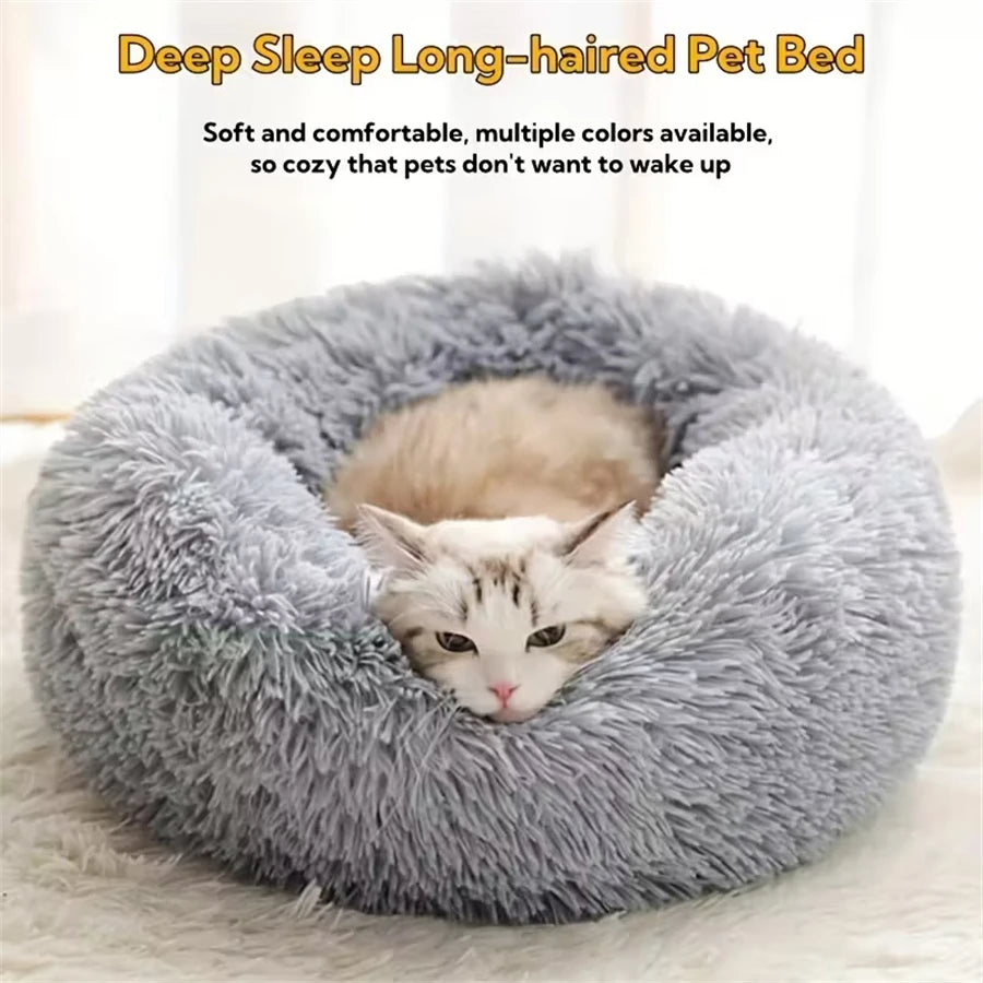 Soft Pet Cat Bed Pad Plush Warm Faux Fur Dog Calm Bed Donut Round Bed Comfortable Sleeping Washable for Small Medium Dog and Cat