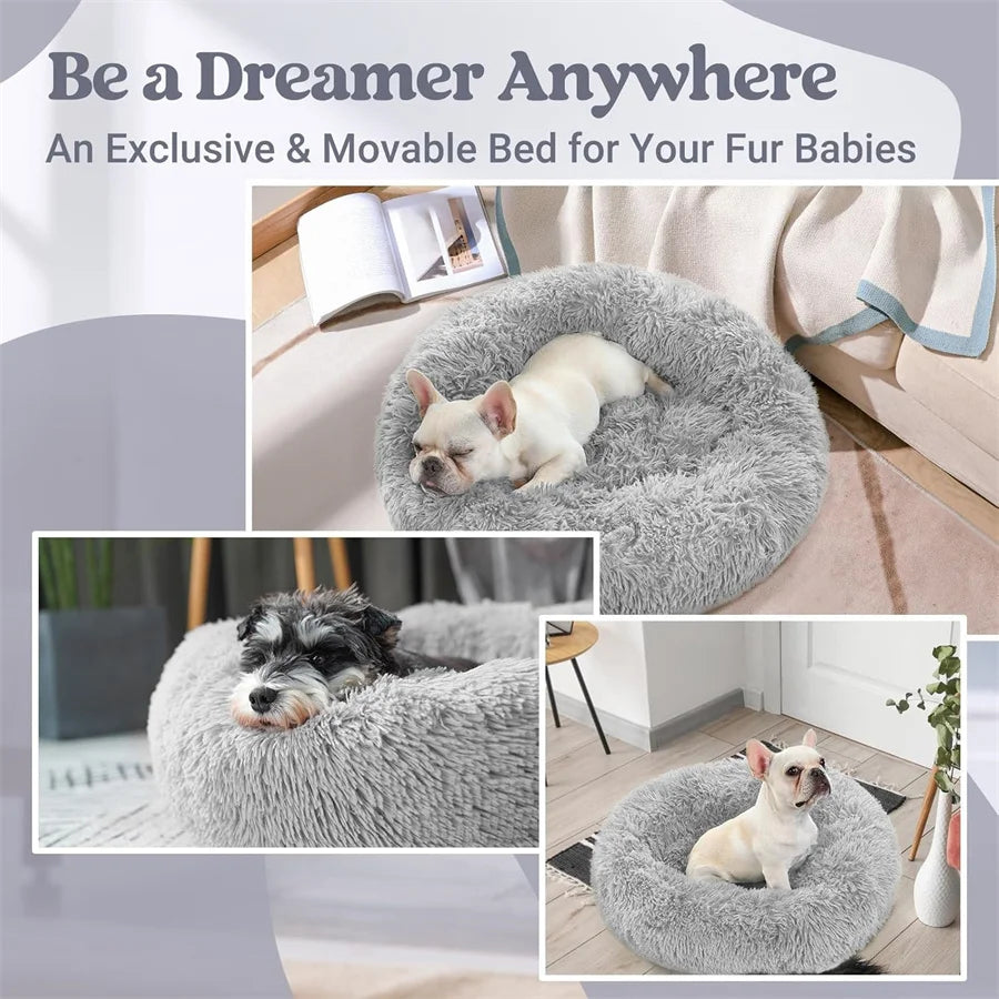 Soft Pet Cat Bed Pad Plush Warm Faux Fur Dog Calm Bed Donut Round Bed Comfortable Sleeping Washable for Small Medium Dog and Cat