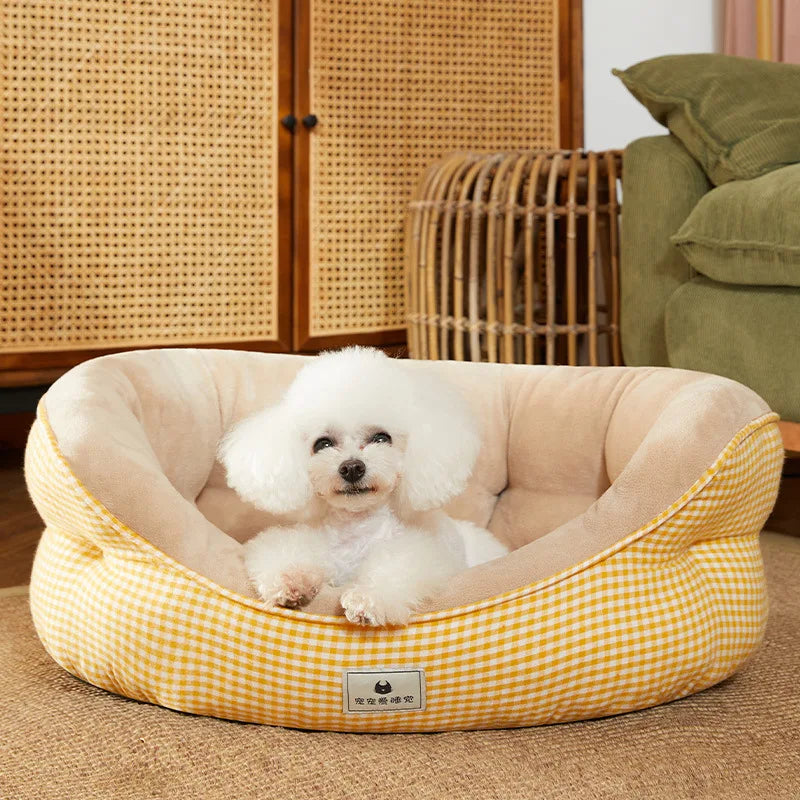 Lit canapé rond en peluche apaisant pour petits et moyens chiens et chats — hiver