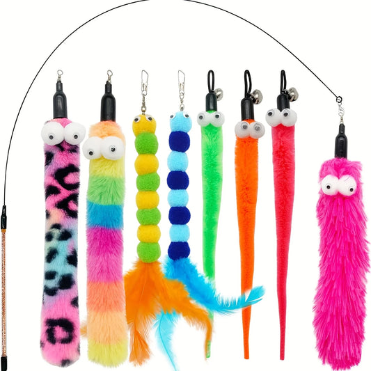 Lot de 9 cannes à plumes et jouets interactifs pour chats d'intérieur – Ver et plumes