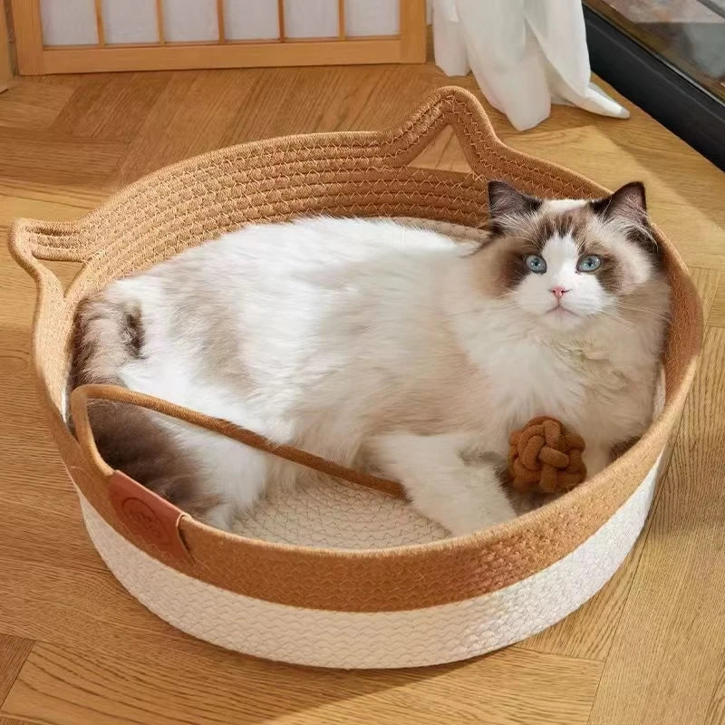 Lit rond en rotin tressé pour chat — rafraîchissant et résistant pour l'été