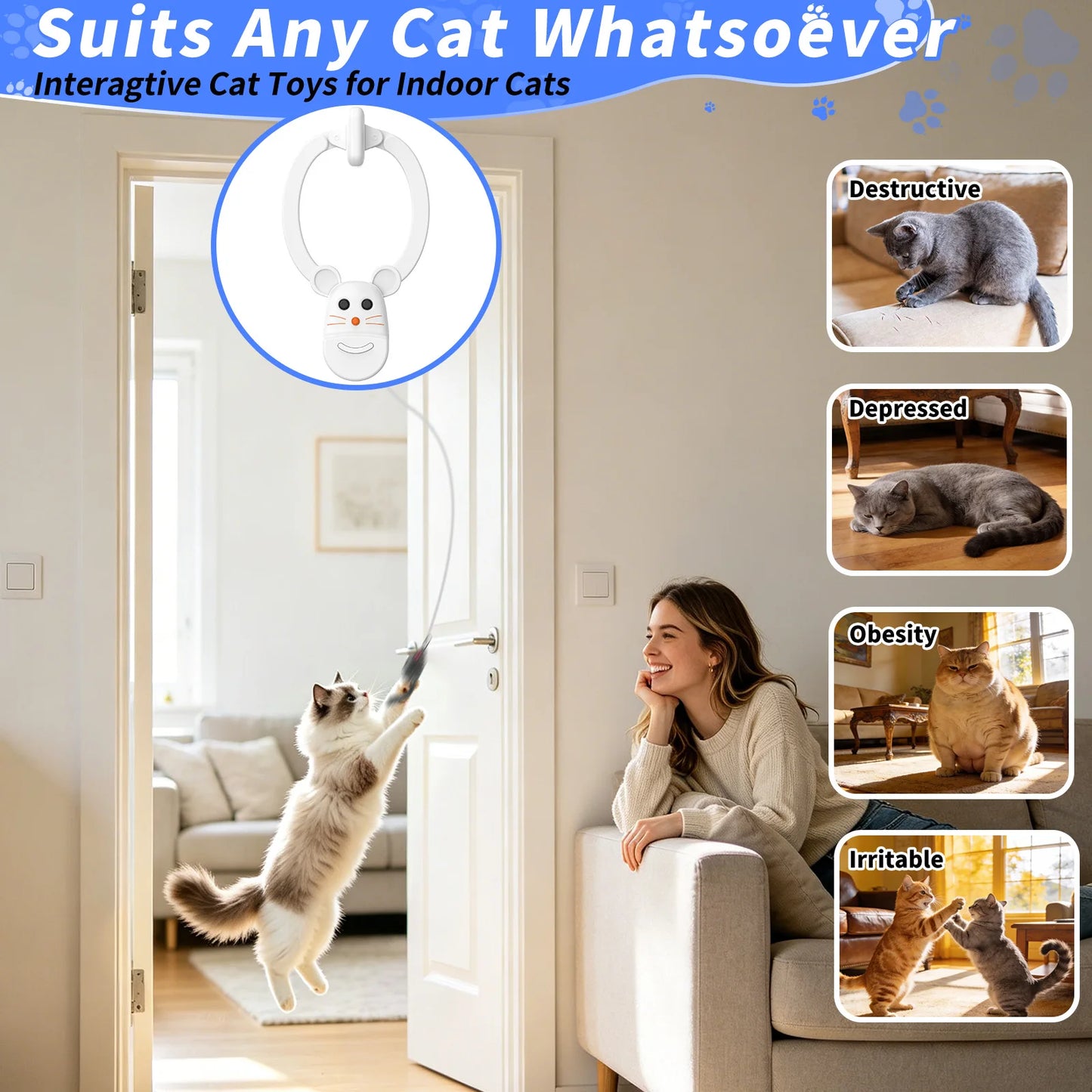 Interactive Cat Toys for Indoor Cats, Rechargeable Durable Safe Hanging Cat Toy for Bored Kittens & Adult Cats