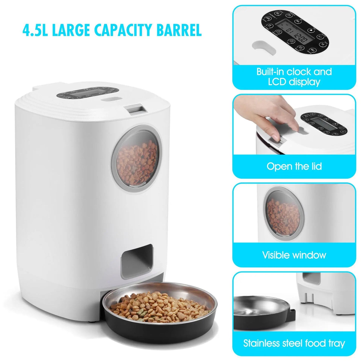 Distributeur intelligent grande capacité avec minuterie, portions programmées et enregistreur vocal