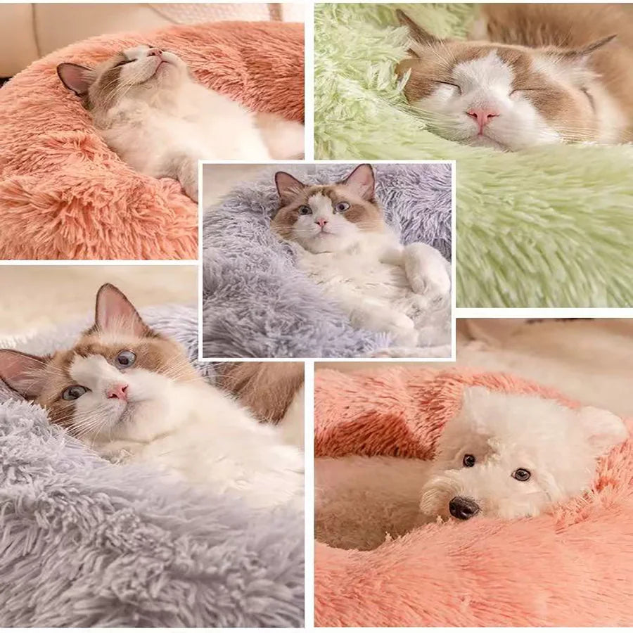 Soft Pet Cat Bed Pad Plush Warm Faux Fur Dog Calm Bed Donut Round Bed Comfortable Sleeping Washable for Small Medium Dog and Cat