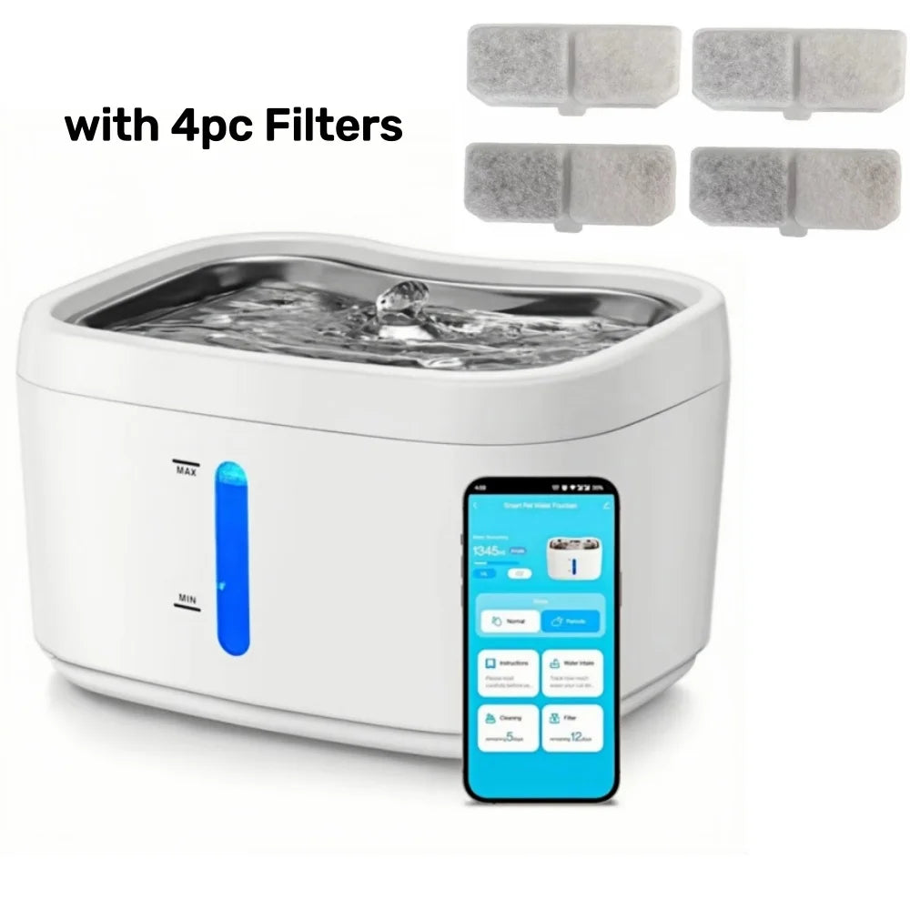 App-controlled smart pet water fountain – 2.5L, stainless steel tray, weight sensor