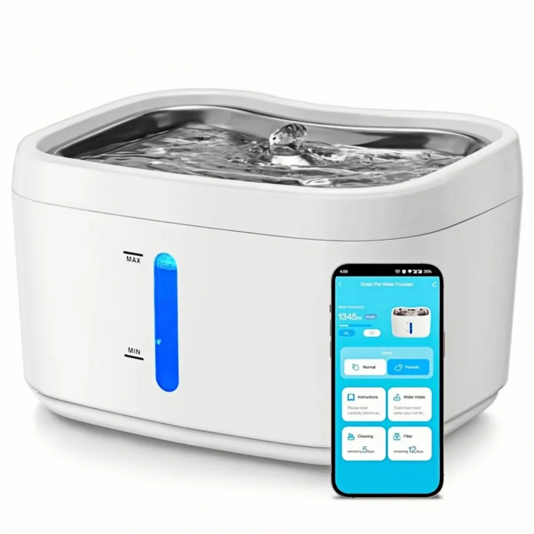 App-controlled smart pet water fountain – 2.5L, stainless steel tray, weight sensor