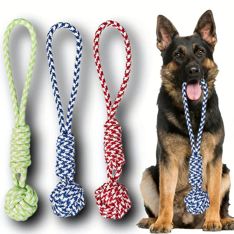 Random 1 piece of heavy-duty tow rope toy suitable for large dog breeds - thick and wide woven rope ball with red striped fabric