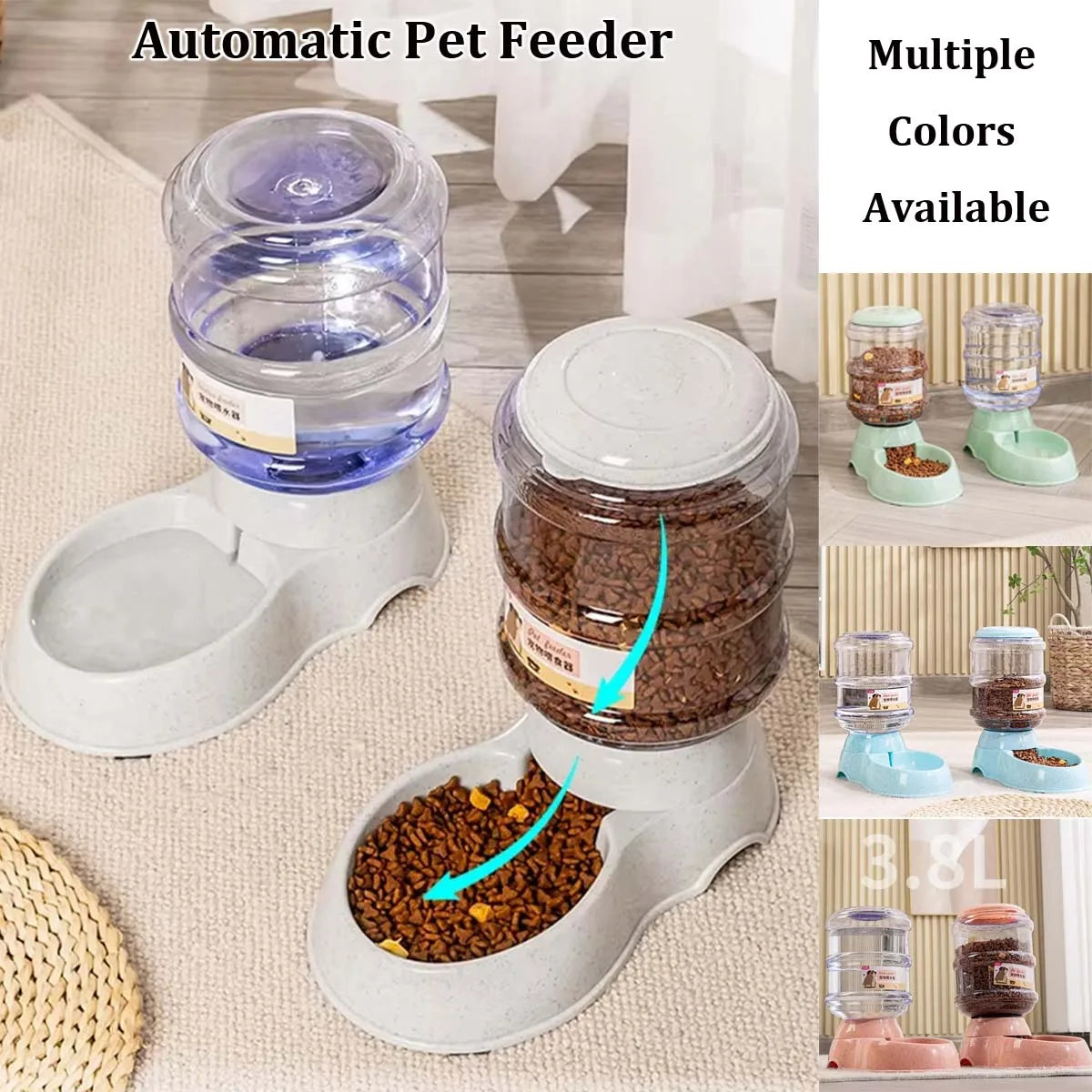 Distributeur automatique de nourriture 3,8L grande capacité avec fontaine à eau pour chats et chiens