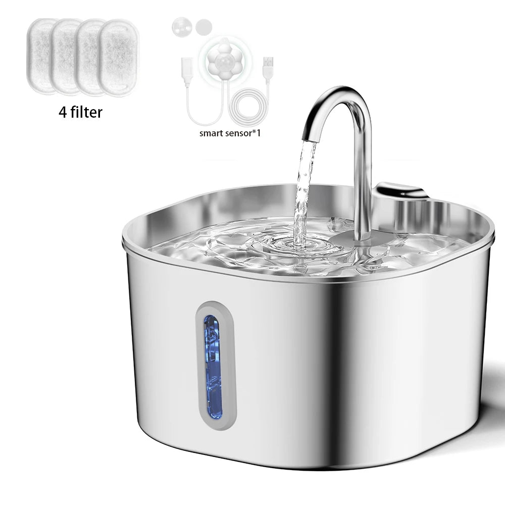 Stainless Steel Cat Water Fountain,2.2L,Pet Water Dispenser With Filter,Dog Drinking Fountain For Cats,Ultra Quiet Water Pump