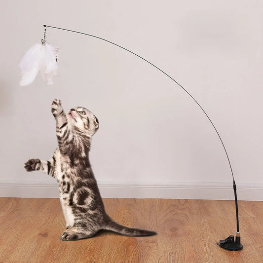 Canne à plumes mains libres pour chat – Jouet interactif avec ventouse, oiseau et plumes pour chatons