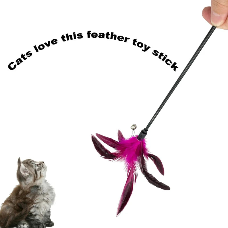 5PCS Cat Wand Toy Feather Stick Cat Toys, Interactive Cat Toy Feathers Wand for Indoor Cats