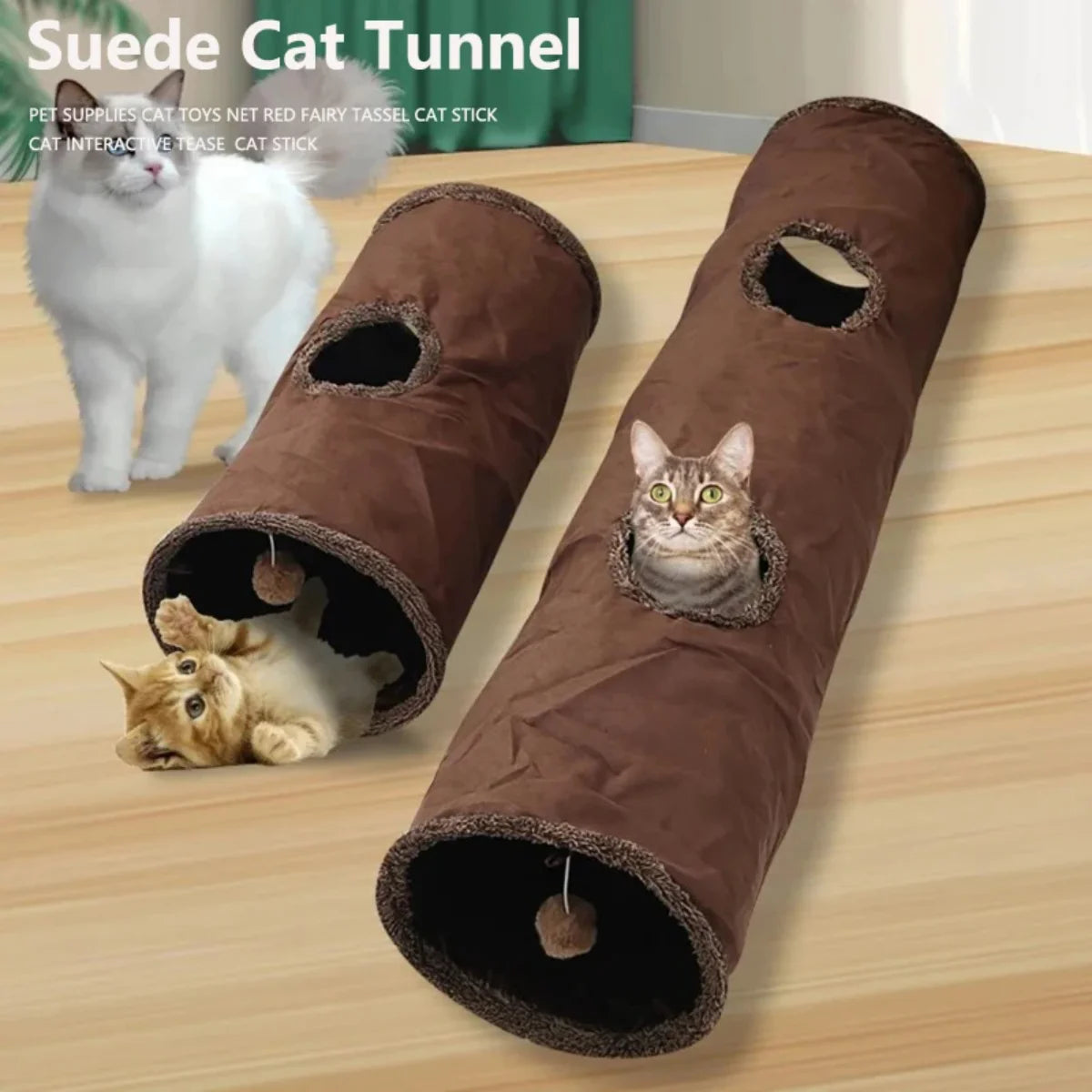 Cat Tunnel Foldable Large Brown Suede Interactive Pet Toy With Peepholes Bubble Ball Indoor Outdoor Collapsible Hot New