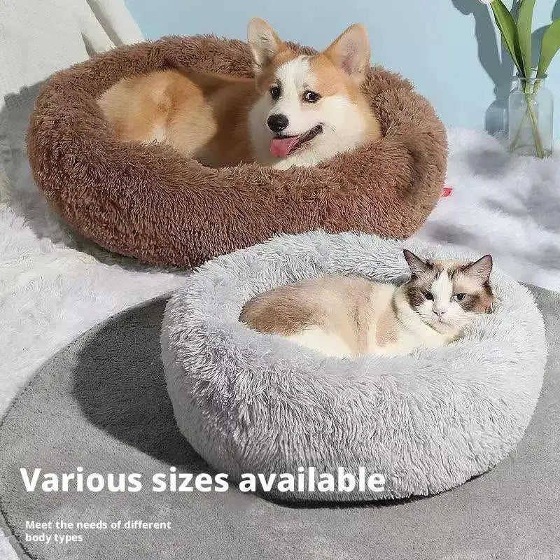 Lit donut rond en peluche chaude pour petits et moyens chiens et chats — lavable