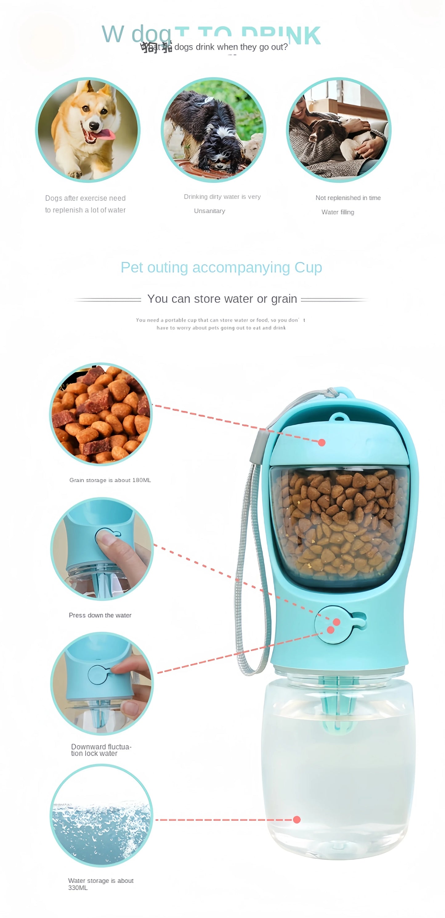 Portable Dog Cat Water Bottle with Storage Food and Water Container for Puppy Pets Dogs Feeder Bowl Outdoor Travel Pet Supplies