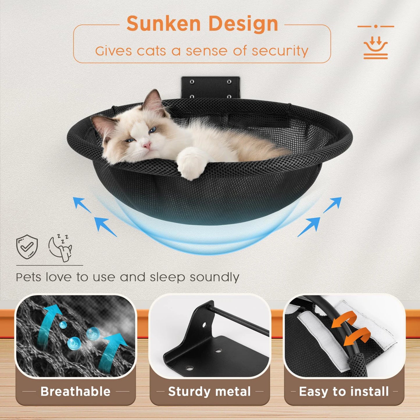 Hamac mural pliable pour chat — tablette respirante 42 cm pour dormir et grimper