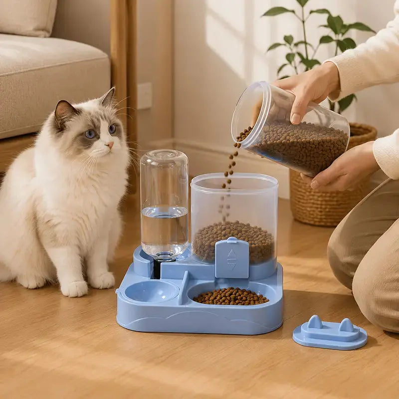 2-in-1 Automatic Pet Feeder and Water Dispenser, Gravity-Fed Food and Water Bowl Set, 2-in-1 Feeding Station with Dual Bowls, Suitable for Cats and Small Dogs, Ideal for Home Use, Long Trips, and Daily Care