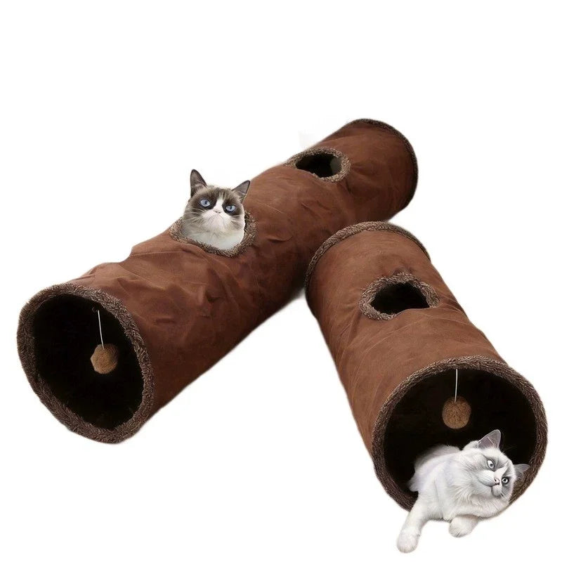 Cat Tunnel Foldable Large Brown Suede Interactive Pet Toy With Peepholes Bubble Ball Indoor Outdoor Collapsible Hot New