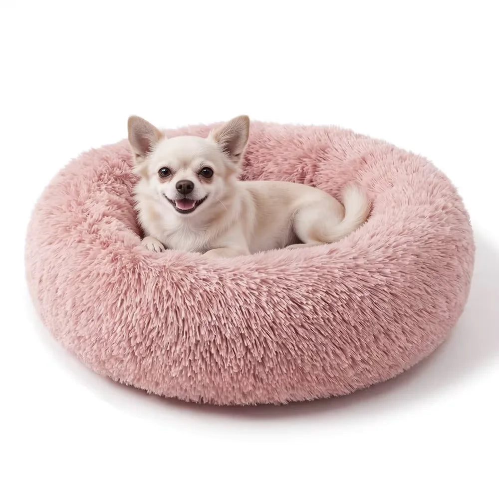 Lit donut rond en fausse fourrure lavable pour petits et moyens chiens et chats — sommeil apaisant