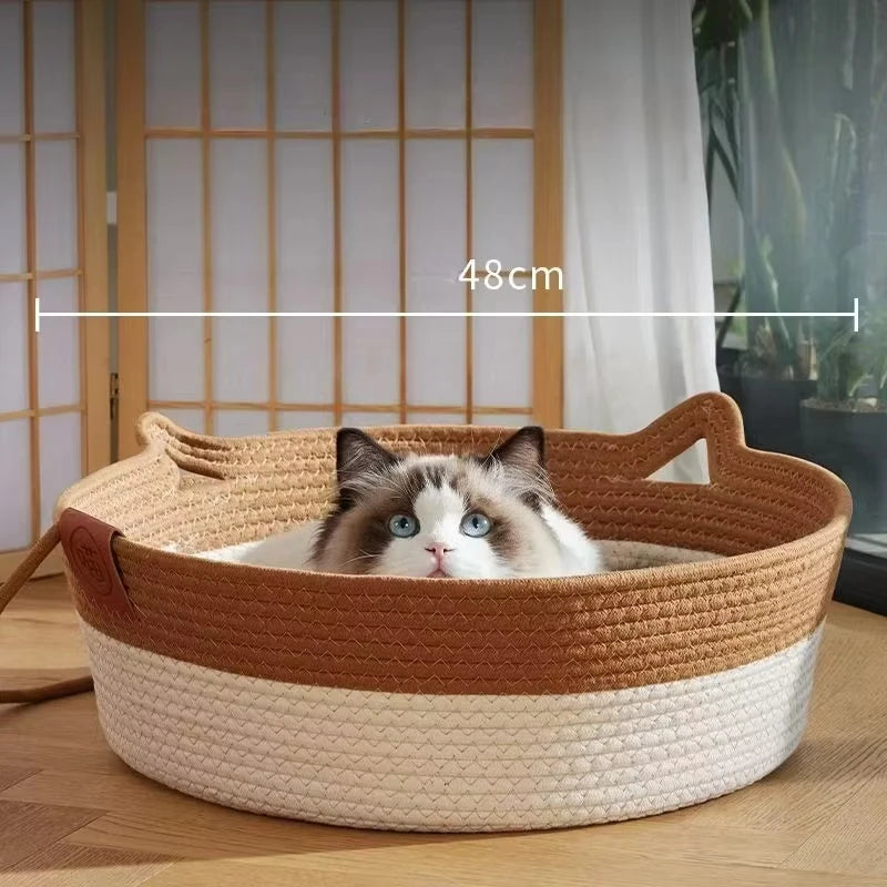 Lit rond en rotin tressé pour chat — rafraîchissant et résistant pour l'été