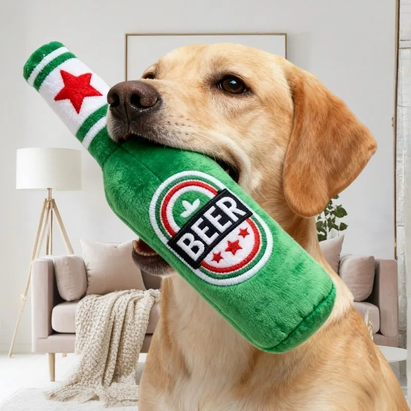 1Pc Realistic Beer Bottle Shaped Squeaky Dog Toy Durable Chewable Interactive Sound for Teething Puppies Adult Dogs Outdoor Play
