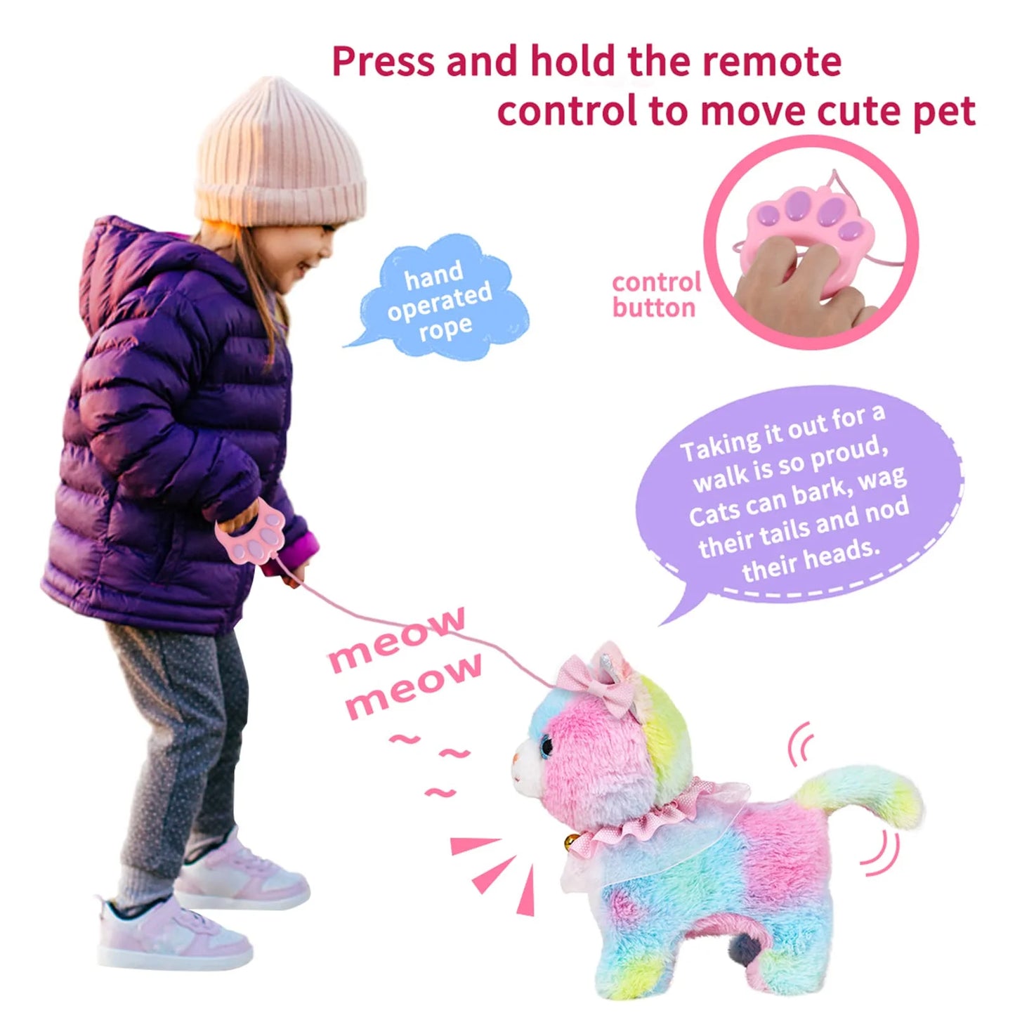 Interactive Walking Toy Cat for Kids Touch & Voice Controlled with Remote Leash And Waggling Tail Ideal Birthday Or Gift