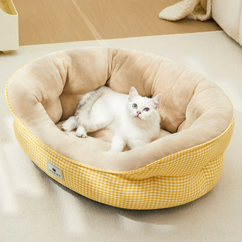 Lit canapé rond en peluche apaisant pour petits et moyens chiens et chats — hiver